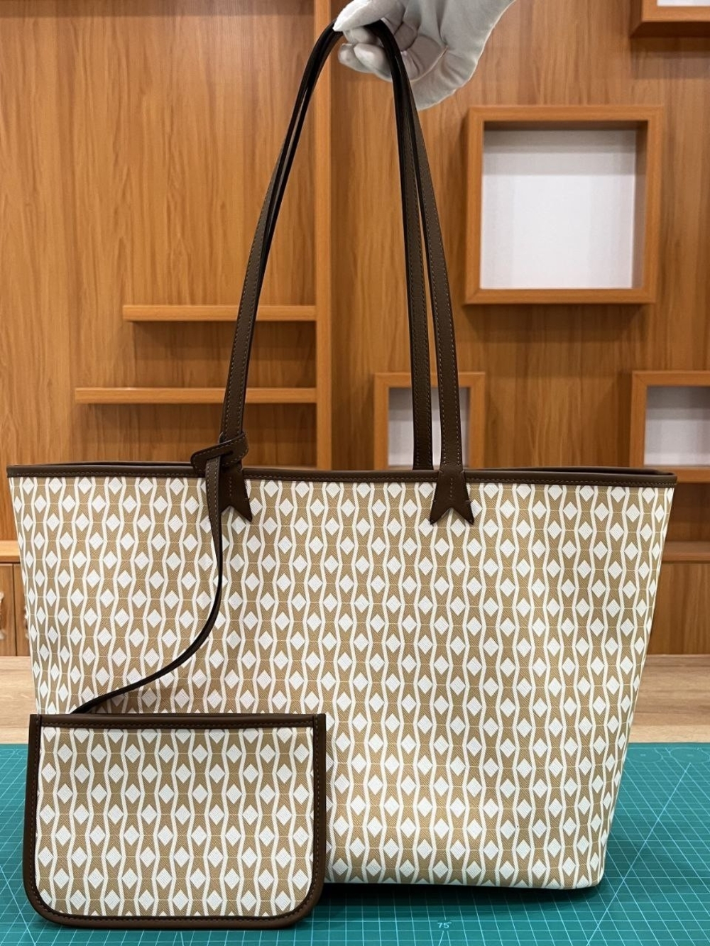 Leather Canvas Tote Bag with Matching Pouch - Beige Brown